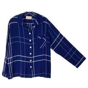 NWOT PAPINELLE Pajama Shirt Top Women M Navy-Blue White-Plaid Pocket Flannel